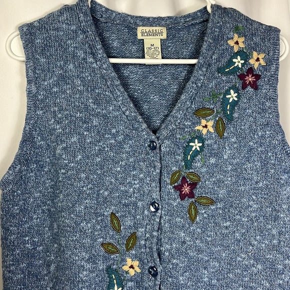 Classic Elements Autumn themed button down knit vest Sz M Blue - Picture 3 of 11